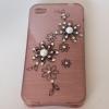 Луксозен силиконов калъф / гръб / TPU с камъни за Apple iPhone 4 / iPhone 4S - розов с черни цветя