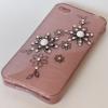 Луксозен силиконов калъф / гръб / TPU с камъни за Apple iPhone 4 / iPhone 4S - розов с черни цветя