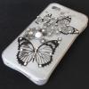 Луксозен силиконов калъф / гръб / TPU с камъни за Apple iPhone 4 / iPhone 4S - бял / черни пеперуди