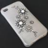 Луксозен силиконов калъф / гръб / TPU с камъни за Apple iPhone 4 / iPhone 4S - бял / черни цветя
