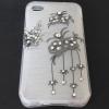 Луксозен силиконов калъф / гръб / TPU с камъни за Apple iPhone 4 / iPhone 4S - бял / черни цветя и пеперуди