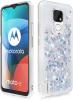 Луксозен твърд гръб 3D Water Case за Motorola Moto E7 Plus - прозрачен / течен гръб / сърца / сребрист брокат