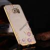 Луксозен силиконов калъф / гръб / TPU с камъни за Samsung Galaxy S6 Edge G925 - розови цветя / златист кант