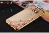 Луксозен силиконов калъф / гръб / TPU с камъни за Samsung Galaxy S7 Edge G935 - розови цветя / златист кант