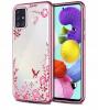 Силиконов калъф / гръб / TPU за Samsung Galaxy A21s - прозрачен / розови цветя и пеперуди / златист кант