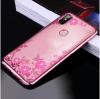 Луксозен силиконов калъф / гръб / TPU с камъни за Samsung Galaxy A40 - прозрачен / розови цветя / Rose Gold кант