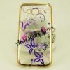 Луксозен силиконов калъф / гръб / TPU с камъни за Samsung Galaxy J1 / Galaxy J1 - лилави цветя / златист кант