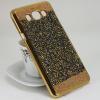 Луксозен твърд гръб с камъни за Samsung Galaxy J7 2016 J710 - черно със златисто / златист кант