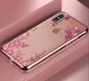 Луксозен силиконов калъф / гръб / TPU с камъни за Apple iPhone XR - прозрачен / розови цветя / Rose Gold кант