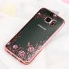 Луксозен силиконов калъф / гръб / TPU с камъни за Samsung Galaxy S6 G920 - розови цветя / Rose Gold кант