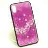 Луксозен стъклен твърд гръб със силиконов кант и камъни за Apple iPhone X - лилав с цветя