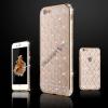 Луксозен силиконов калъф / гръб / TPU с камъни за Apple iPhone 5 / iPhone 5S / iPhone SE - прозрачен / златист кант / ромбове