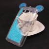 Луксозен силиконов калъф / гръб / TPU 3D за Samsung Galaxy J3 / Galaxy J3 2016 J320 - прозрачен / син брокат / миши ушички
