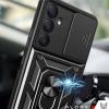 Удароустойчив гръб TPU кейс Slide Camera Case Magnetic Finger Ring Car Holder за Samsung Galaxy S21 FE - черен