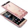 Луксозен силиконов калъф / гръб / TPU с камъни за Huawei Ascend P8 Lite / Huawei P8 Lite - розови цветя / Rose Gold кант