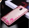Луксозен силиконов калъф / гръб / TPU с камъни за Xiaomi Redmi 8A - прозрачен / розови цветя / Rose Gold кант
