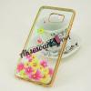 Луксозен силиконов калъф / гръб / TPU с камъни за Samsung Galaxy S6 Edge+ G928 / S6 Edge Plus - розови и жълти цветя / златист кант