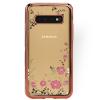 Луксозен силиконов калъф / гръб / TPU с камъни за Samsung Galaxy S10 Plus - прозрачен / розови цветя / Rose Gold кант