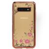 Луксозен силиконов калъф / гръб / TPU с камъни за Samsung Galaxy S10 - прозрачен / розови цветя / Rose Gold кант