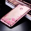 Луксозен силиконов калъф / гръб / TPU с камъни за Huawei Y7 2018 - прозрачен / розови цветя / Rose Gold кант
